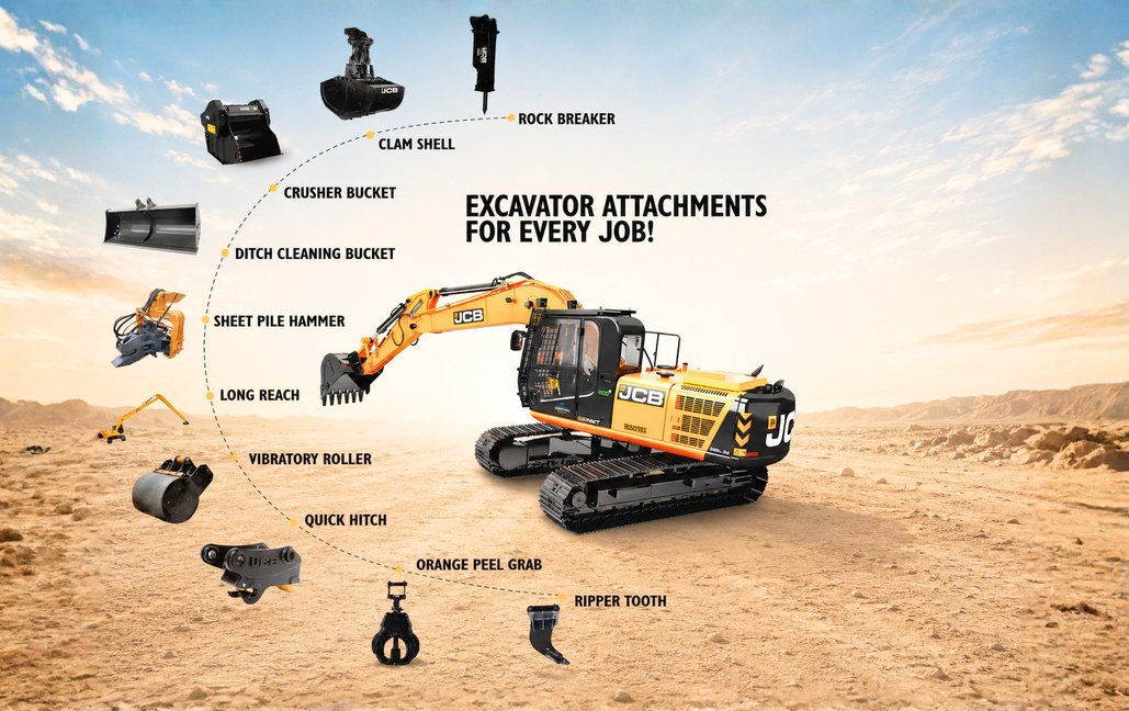 Excavator attachments for every job — rock breaker, buckets, grapple